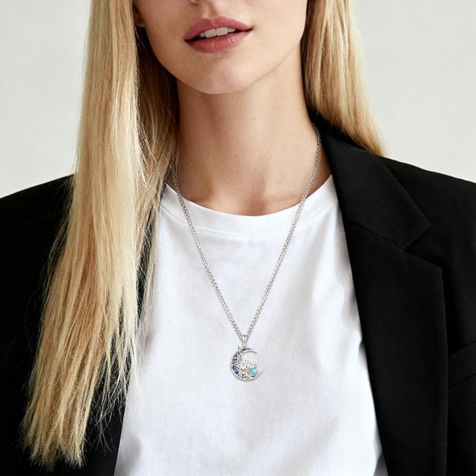 Sterling Silver Tree of Life Necklace for Women Oval Family Tree Necklace Abalone Shell Moonstone Pendant Mother Day Necklace for Mom Tree of Life Jewelry