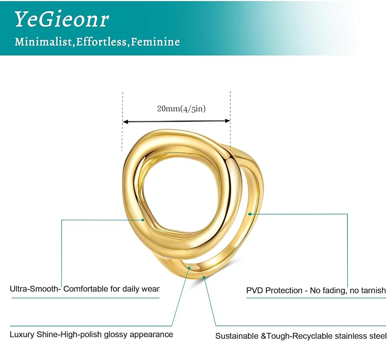 YeGieonr Gold Rings for Women Non Tarnish - 18K Gold Plated Stainless Steel Chunky Oval Statement Ring, Dainty Thick Waterproof Stackable Ring