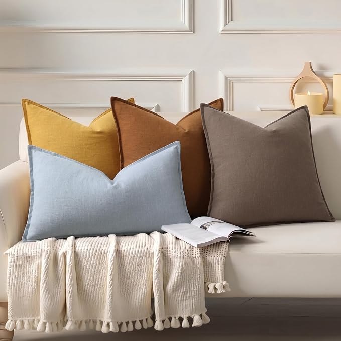 decorUhome Fall Brown Linen Throw Pillow Covers 22x22 Set of 2 | Decorative Soft Cozy Modern Farmhouse Boho Accent Pillow Cases with Flange Edges for Couch Bed Sofa Living Room Home Decor