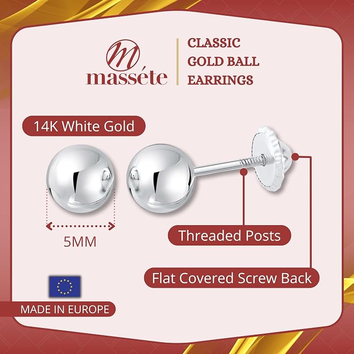 MASSETE Gold Ball Stud Earrings for Women and Girls Screwback | 10k, 14k, 18k | White Yellow or Rose Gold | 3mm 4mm 5mm | Nickel Free