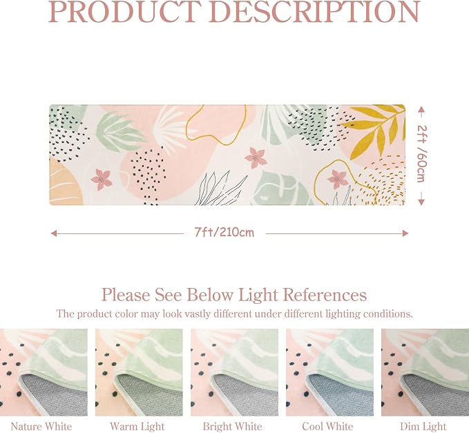 Lahome Pink Runner Rug - 2x7 Runner Rug Non-Slip Washable Bathroom Rug Runner Throw Lightweight Floor Runners for Hallway Non Skid, Botanical Print Carpet Runner for Kitchen Bedroom Laundry Room