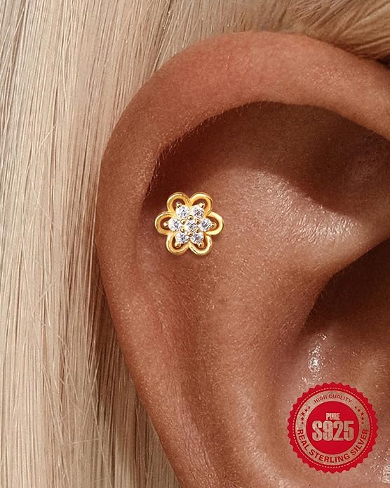 925 Sterling Silver Flower Cartilage Earring for Women 14K Gold Plated Flat Back Helix Tragus Conch Stud Internally Threaded Dainty CZ Floral Labret Piercing Jewelry
