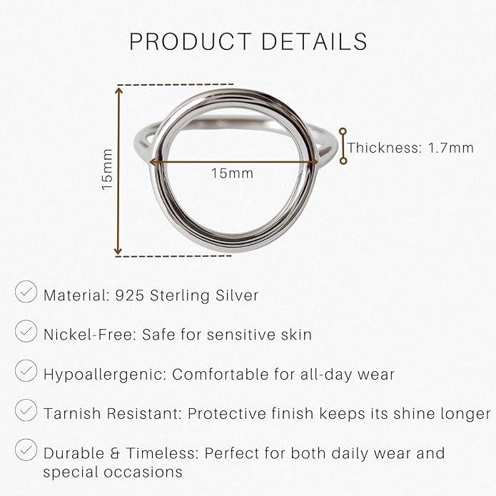 SOVATS 925 Sterling Silver Open Circle Ring for Women – Rhodium Plated, Minimalist Stackable Design, Nickel-Free Jewelry
