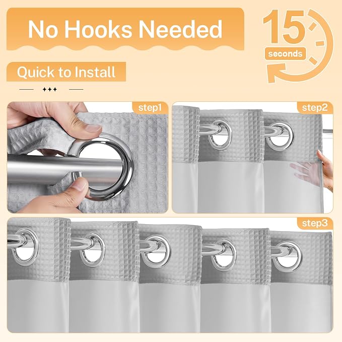 River Dream Cotton Blend Fabric Shower Curtain Set with Liner, Gray, 54x80 | Waffle Weave, No Hook Needed, with Snap in Replacement Liner, Top Sheer Window, Hotel Quality Fabric for Bathroom