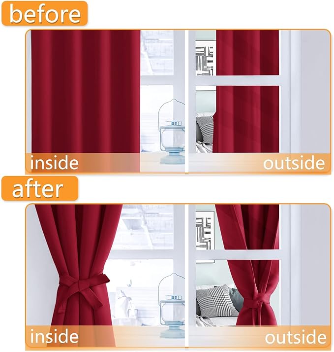 Hiasan Grommet Blackout Curtains for Bedroom, 60 x 72 Inches - Thermal Insulated & Light Blocking Window Drapes for Living Room/Dorm Room, Set of 2 Panels Sewn with Tiebacks, Christmas Red