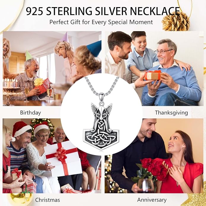 Viking Necklace for Men 925 Sterling Silver Viking Wolf/Thors Hammer/Vegvisir/Tree of Life/Compass Pendant Norse Necklace Amulet Talisman Christmas Gifts for Him Her