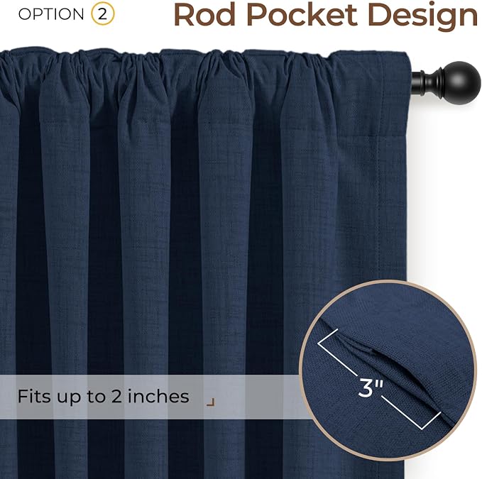 INOVADAY 100% Blackout Curtains 96 Inches Length 2 Panels Set, Back Tab/Rod Pocket Linen Black Out Curtains for Bedroom, Thermal Insulated Window Drapes - Midnight Blue, W50 X L96