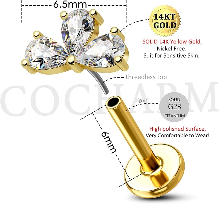 Cocharm 14K Solid Gold Cartilage Earring - 16g Flower Yellow Gold Flat Back Helix Stud, 14K Gold Push in Tragus Earring, Threadless Conch Stud