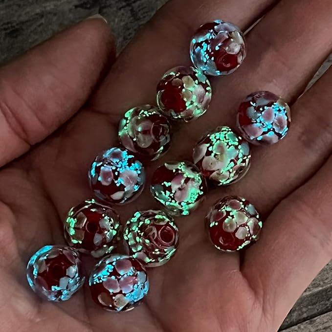 Artsy Crafts 12 Pcs Lily Flower Glow in The Dark Firefly Beads, 12mm European Lampwork Luminous Glass Beads for Jewelry Making Charm Bracelet Necklace Earrings Crafts (Lily - Red)