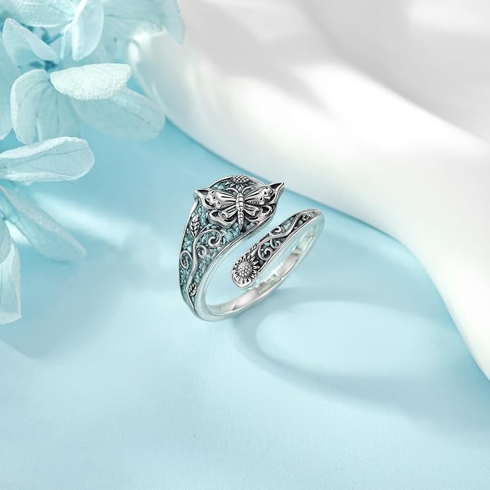 SNOWELLE Turquoise Spoon Rings S925 Sterling Silver Turquoise Adjustable Ring Jewelry Gift for Women Men