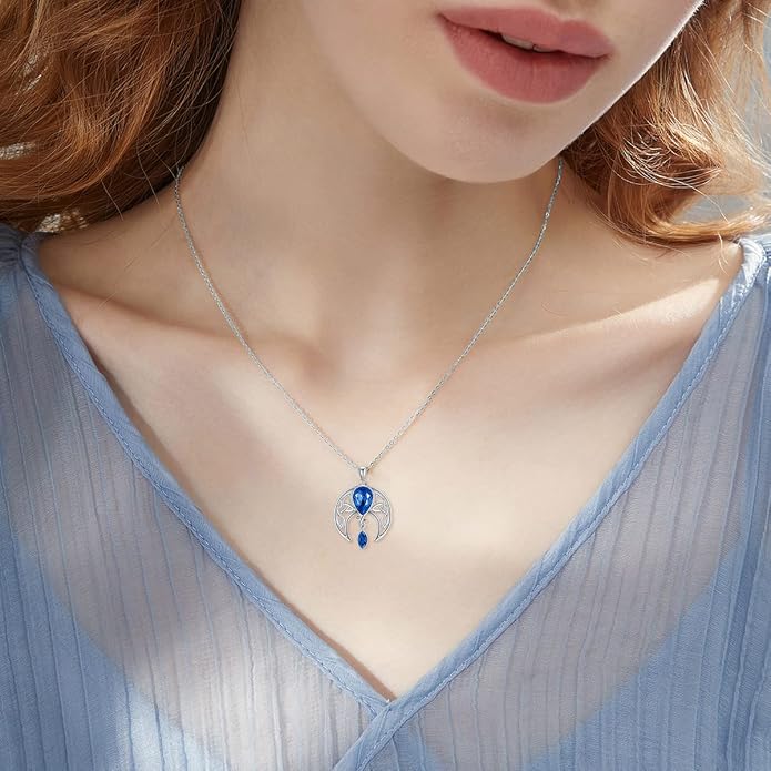AOBOCO Sterling Silver Celtic Crescent Moon Goddess Pendant Irish Good Luck Necklace with Birthstone Crystal, Celtic Moon Jewelry Gift for Women Mom Wife