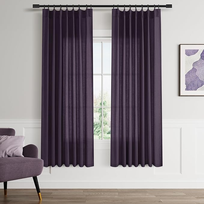 Aersas Plum Pinch Pleated Linen Curtains 72 Inch Length 2 Panels for Living Room Bedroom Semi Sheer Window Curtain Boho Neutral Back Tab Pinch Pleat Drape with Hooks 40x72