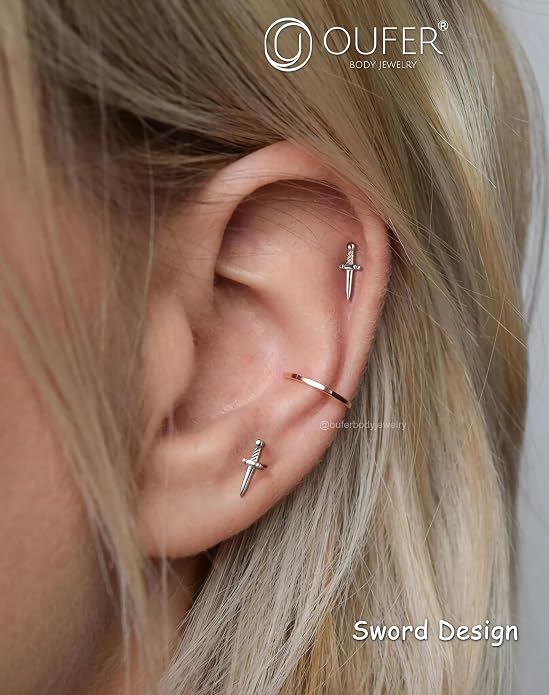 OUFER 925 Sterling Silver Helix Piercing Jewelry, Sword Cartilage Earrings Studs, 16G Flat Back Earrings for Women, Internally Threaded for Helix Conch Tragus Lip Piercing Jewelry