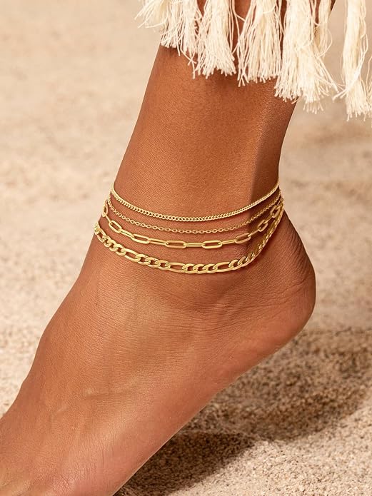U7 2Pcs/3Pcs Ankle Bracelets for Women, Stainless Steel Cuban Link/Figaro/Rope/Heart Chain Anklets Sets,Waterproof Layered Anklets Adjustable 8.5"-10.5"