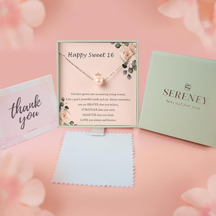 Sereney Sterling Silver Birthday Gifts for Girls Women, Pearl Necklace as 7 9 10 11 13 15 16 18 21 30 40 50 60 Year Old Birthday Gifts, Single Pearl Necklace as Bday Gifts for Friends