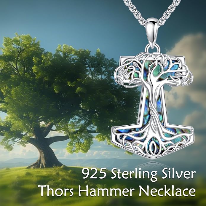 Mjolnir Necklace 925 Sterling Silver Thors Hammer Necklace Tree of Life Pendant Norse Pagan Viking Jewelry for Men Women