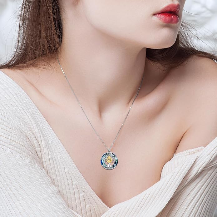 TOUPOP Tree of Life Necklace 925 Sterling Silver Celtic Knot Tree Pendant Jewelry with Blue Crystal Christmas Gifts for Women