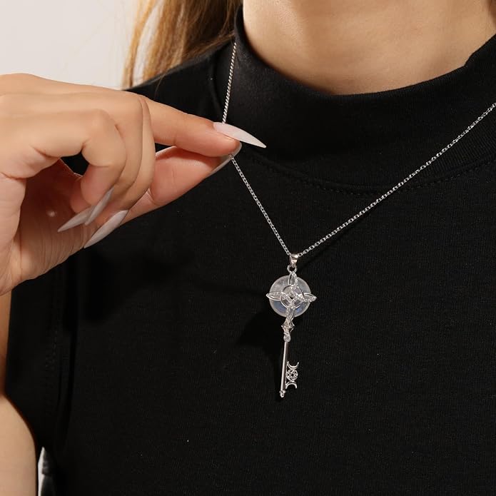 Natural Moonstone Crystal Key Necklace for Women, Retro Triple Moon Key Healing Crystal Wiccan Pagan Jewelry Gift