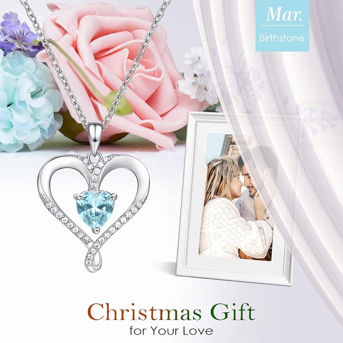 Birthstone Necklace for Women, 18K White Gold Heart Necklace Filled 925 Sterling Silver, Diamond Womens Jewelry Christmas Gifts for Women Wife