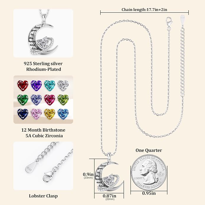 Distance I Love You to The Moon and Back Necklace for Women, S925 Sterling Silver Forever Love Heart Birthstone Necklace, Anniversary Birthday Jewelry for Wife Lover