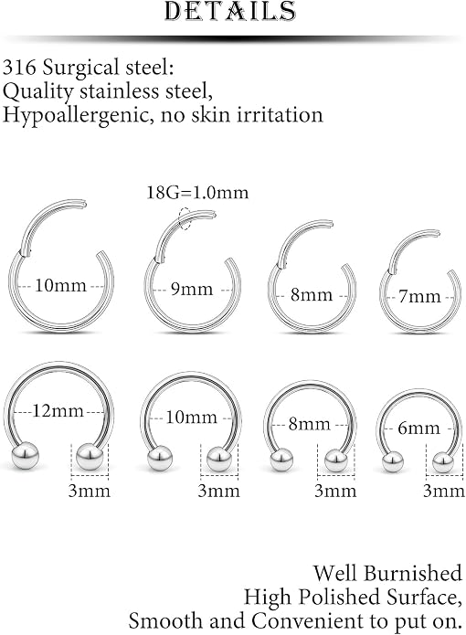 20G 18G 16G 14G 12G 10G Hypoallergenic Nose Rings Hoops for Men Women 316L Surgical Steel Hinged Nose Rings for Nostril Septum Cartilage Helix Daith Tragus Rook Conch Lip Ear Lobe Piercing