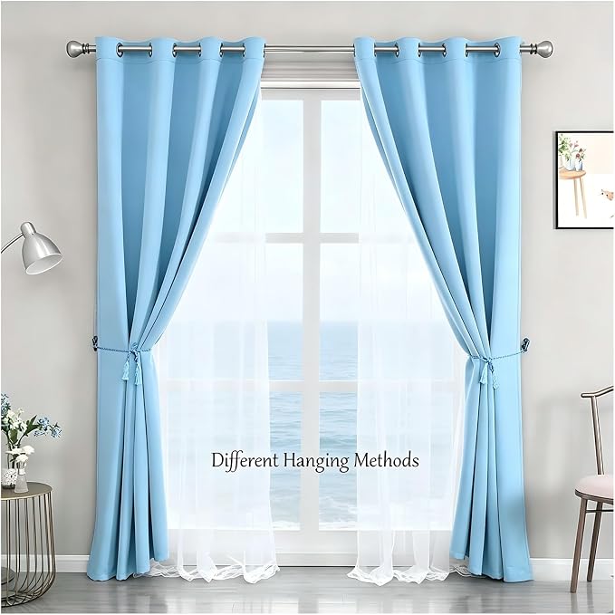 Blue Blackout Curtains 54 Inch Long, Double Layered Blue Curtains for Kids/Girls Boys Bedroom, Nursery Living Room, 52 x 54 inch, 2 PCs