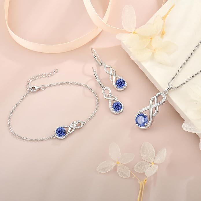 Gemstone Infinity Pendant Necklaces for Women, S925 Sterling Silver Round cut Zircon Necklace Birthstone Jewelry Gift for Her