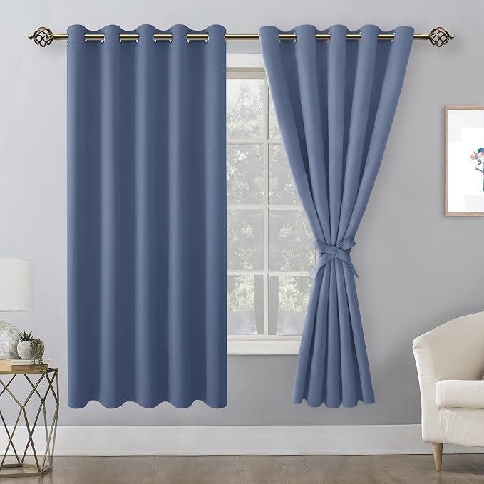 Hiasan Blackout Curtains for Bedroom, 60 x 63 Inches Length - Thermal Insulated & Light Blocking Window Curtains for Living Room/Kids Room, 2 Drape Panels Sewn with Tiebacks, Blue Haze