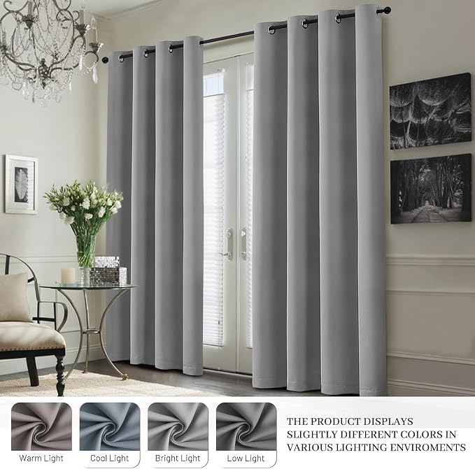 Yakamok Dove Grey 100% Blackout Curtains 63 Inches Long 50" Wide 2 Panel | Blackout Curtain Panels for Bedroom, 2 Thick Layers Grommet Top Thermal Insulated Drapes with White Back for Living Room