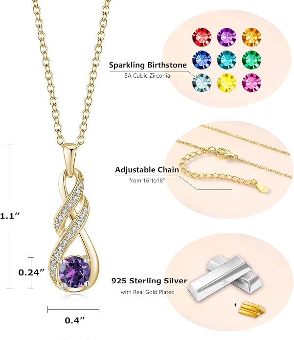 Birthstone Necklaces for Women 925 Sterling Silver Infinity Pendant Created Gemstone Jewelry for Her, 16"+2"