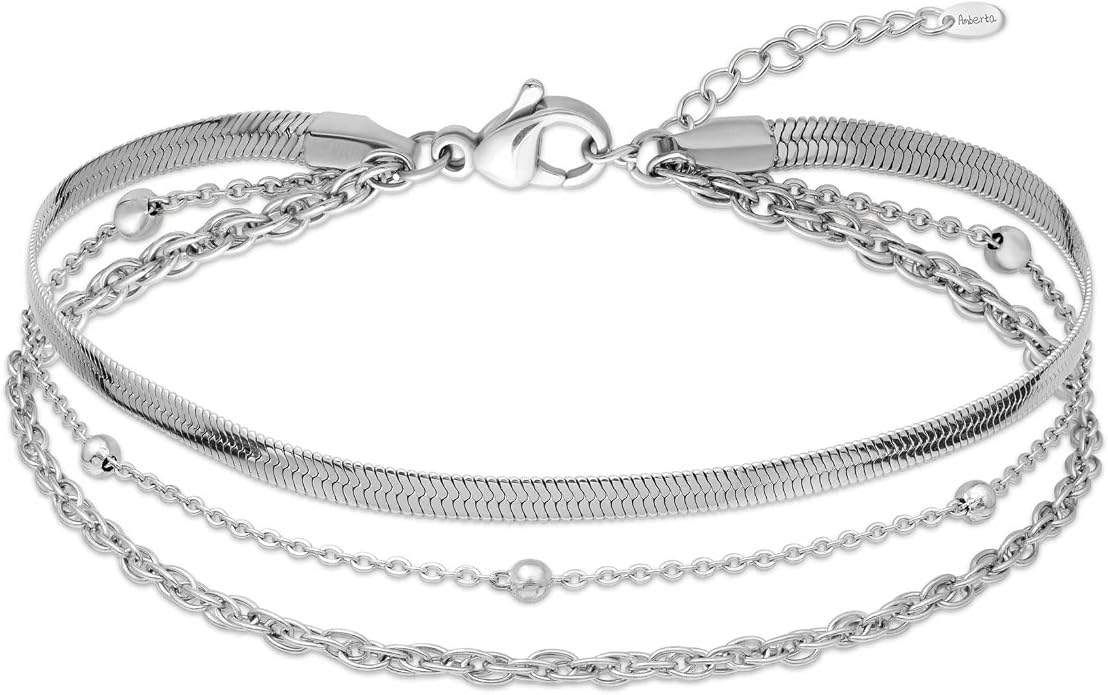 Amberta Silver Gold Waterproof Ankle Bracelets for Women | Boho Layered Anklets for Women | Summer Jewelry, Adjustable Ankle Chain Beaded Rope Heart