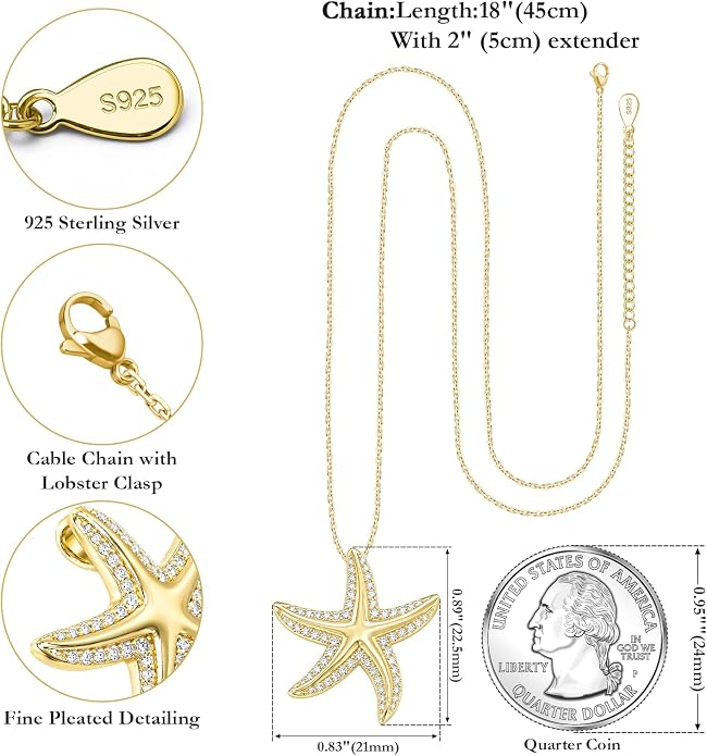 Starfish/Seashell Necklace for Women, 925 Solid Sterling Silver / 14k Gold Plated Sea Life Jewelry with 5A Cubic Zirconia Shell Necklace, Trending Summer Holiday Jewelry Gift for Her