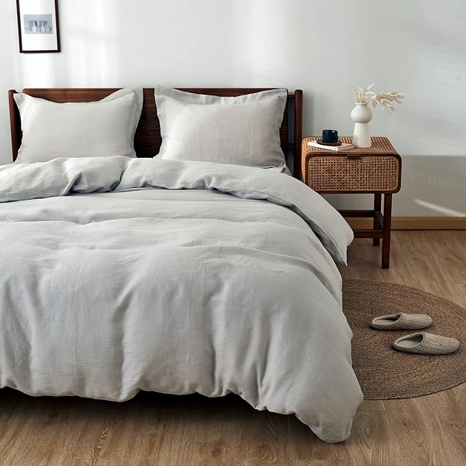 Simple&Opulence 100% Linen Duvet Cover Set 3pcs Basic Style Natural French Washed Flax Solid Color Soft Breathable Farmhouse Bedding with Button Closure - Light Grey, King