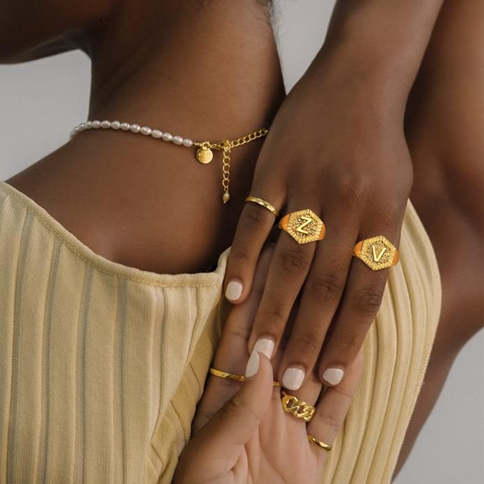 KeyStyle Bold Initial Letter Rings Adjustable, GoldChic Jewelry Women Gold Statement Ring Personalized Engraved Women’s Open Signet Ring for Party (Gold, White Gold, Black)