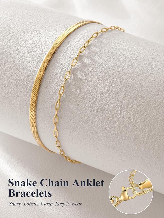 U7 Silver/Gold Ankle Bracelets for Women Layered Chain Anklets Stainless Steel Waterproof Summer Beach Anklet Cham, Adjustable 8.5"-10.5"