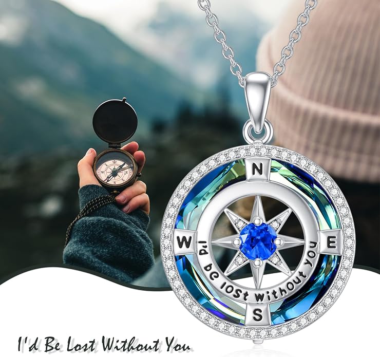 TOUPOP Necklace Gifts for Wife Compass Jewelry Women Anniversary Girlfriend Birthday Gift for Her Valentines I'd be Lost without You Sterling Silver Birthstone Necklaces