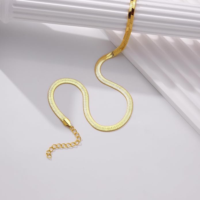 WomenGifts 14K Gold Silver Plated Herringbone Necklace for Women, Dainty Snake Chain Choker, Trendy Simple Long Layered Jewelry Non Tarnish, 3/4/5/8mm,14,16,18,20,22,24,26 Inch Thin & Chunky Options