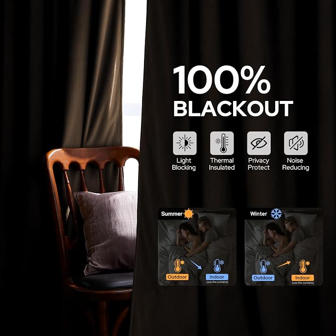 HOMEIDEAS 100% Blackout Brown Velvet Curtains, Thermal Noise Reduction Soft Luxury Vintage Christmas Velvet Curtains for Bedroom Decor, Living Room, Home, 52 X 108 Inch, 2 Panels