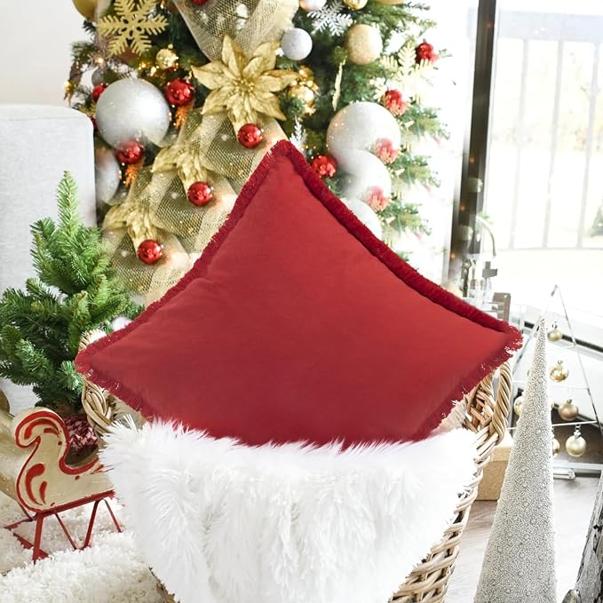 ZWJD Red Pillow Covers 18x18 Set of 2 Throw Pillows with Fringe, Chic Cotton Decorative Square Cushion Covers for Sofa, Couch, Bed, Living Room, Farmhouse, Boho Decor