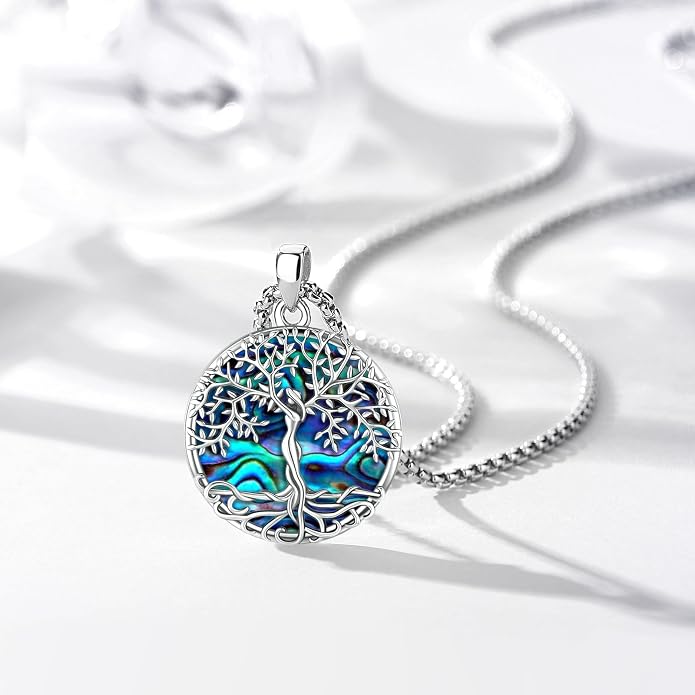 Sterling Silver Tree of Life Necklace for Women Oval Family Tree Necklace Abalone Shell Moonstone Pendant Mother Day Necklace for Mom Tree of Life Jewelry