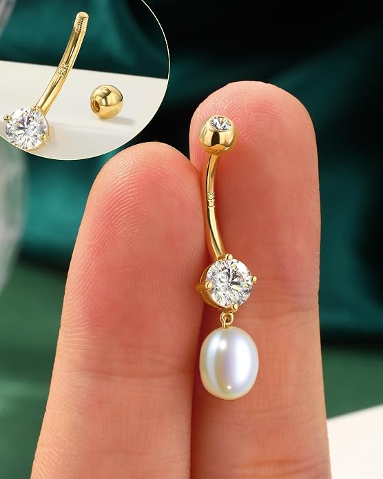 Cocharm Dangling Freshwater Pearl Belly Button Rings - 14K Solid Gold Navel Piercing Jewelry