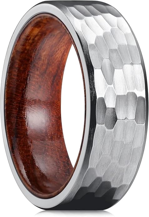 King Will 6/8mm Wedding Band for Men, Silver/Black Hammered Titanium Wedding Ring Inlaid Wood Inner Hole, Wedding Band for Men Matte Brushed Comfort Fit 7-14