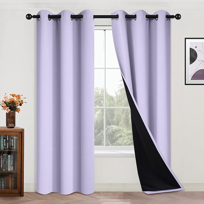 Yakamok 84 Inch Length 100% Blackout Curtains for Bedroom, 2 Thick Layers Thermal Insulated Grommet Total Blackout Drapes with Black Liner for Living Room (42Wx84L,Lilac, 2 Panels) | Blackout Curtain Panels for Bedroom, 2 Thick Layers Grommet Top Therm...