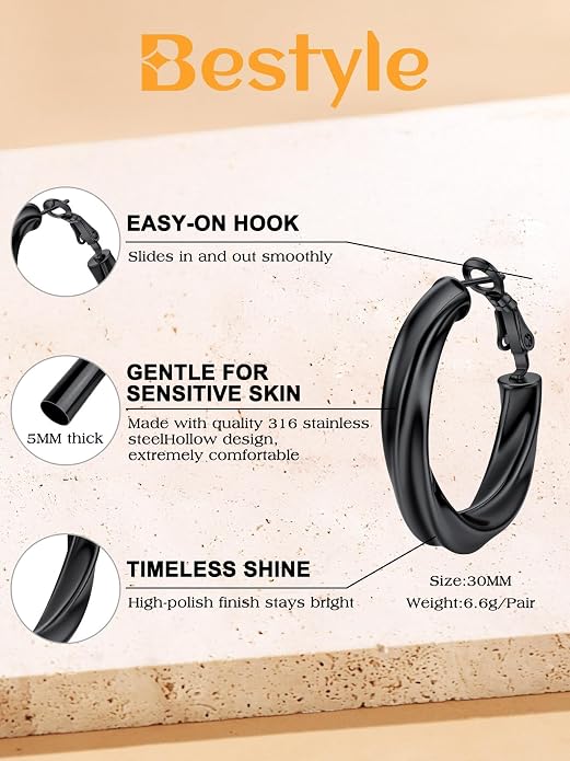 Bestyle 5mm Thick Gold Hoop Earrings Hypoallergenic Hoops for Sensitive Ears Trendy Lightweight Chunky Earrings for Women 30/40/60/80mm