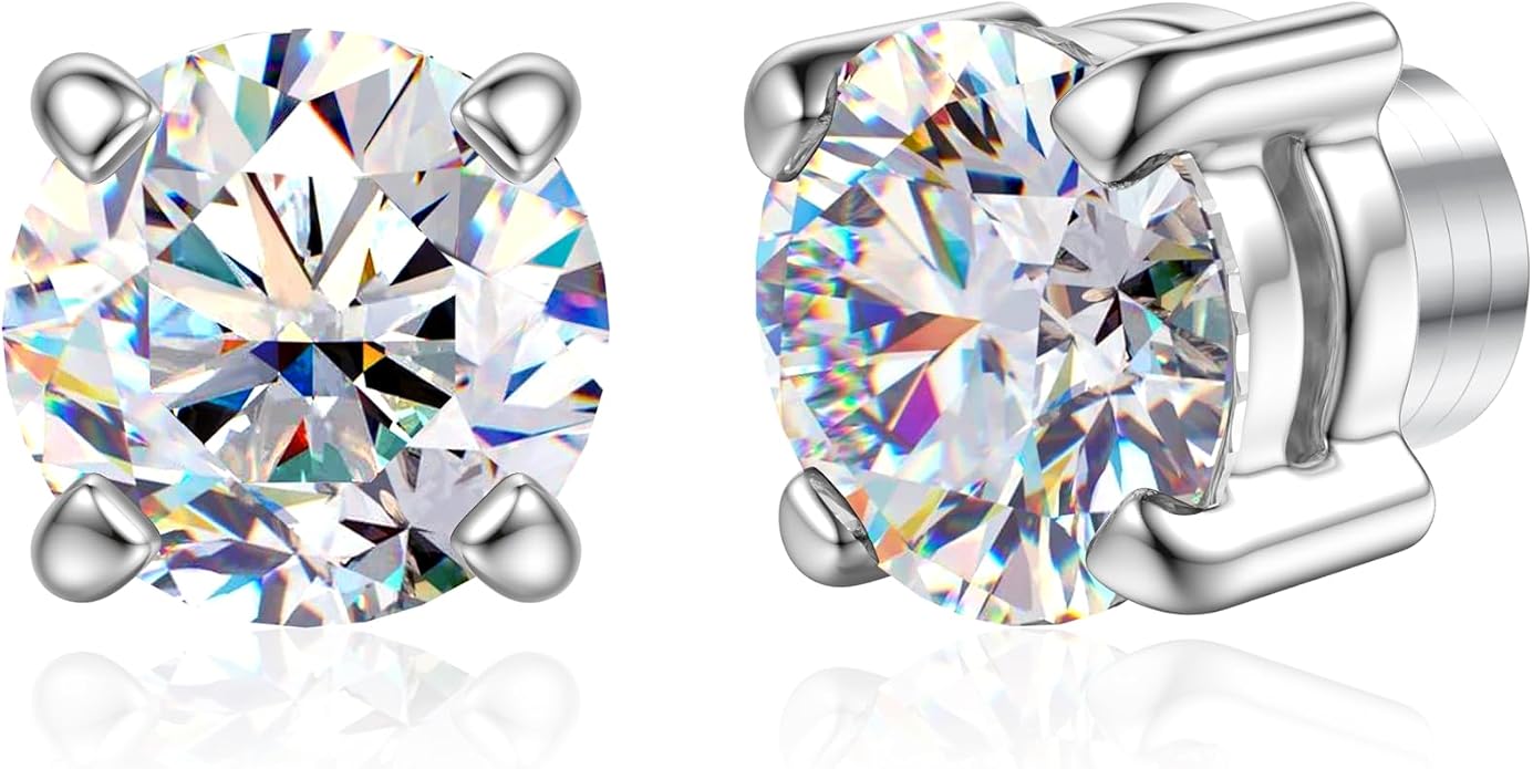 GEMQUEEN Moissanite Magnetic Earrings for Men Women : 18K White Gold Plated Hypoallergenic Stainless Steel Non Piercing Clip on Fake Earrings Studs Dainty Moissanite Earring Jewelry D Color VVS1