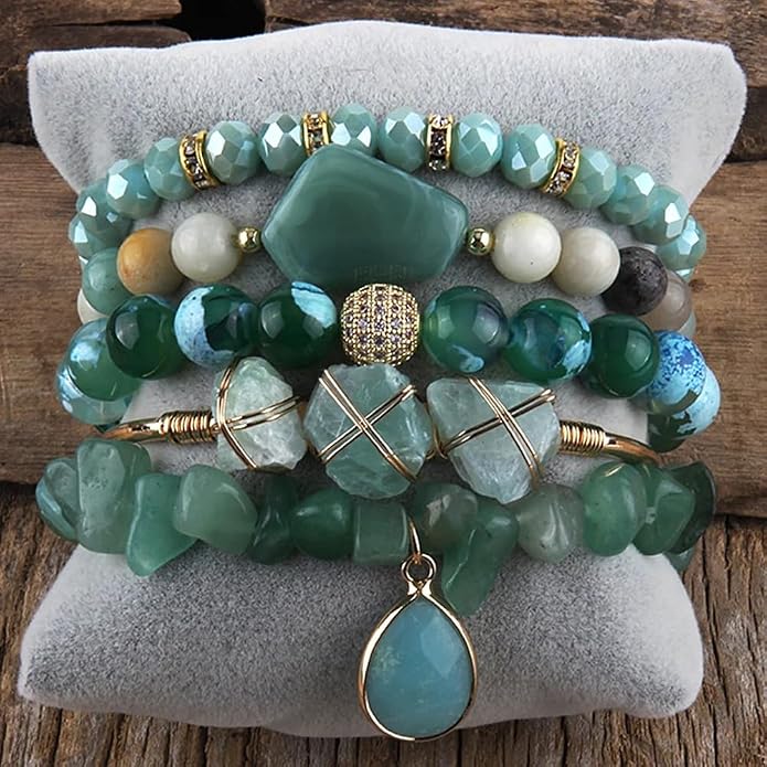Yomisa 5PCS 6PCS Natural Boho Beaded Bracelets/Bangle for Women Men,Healing Turquoise Jasper Agate Crystal Gemstone Stone Chakra Multilayer Wrap Bohemian Handmade Jewelry Beads Stretch Bracelet Set