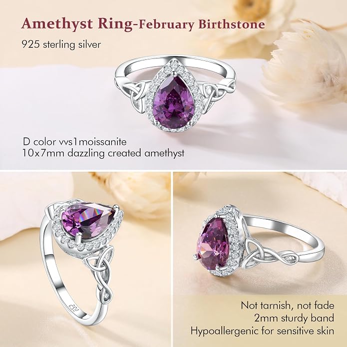 DAYBYDAY Celtic Birthstone Rings for Women 925 Sterling Silver Heart/Round/Pear/Oval Created Gemstone Moissanite Halo Engagement Promise Rings for Her Wife Birthday Anniversary Wedding Jewelry