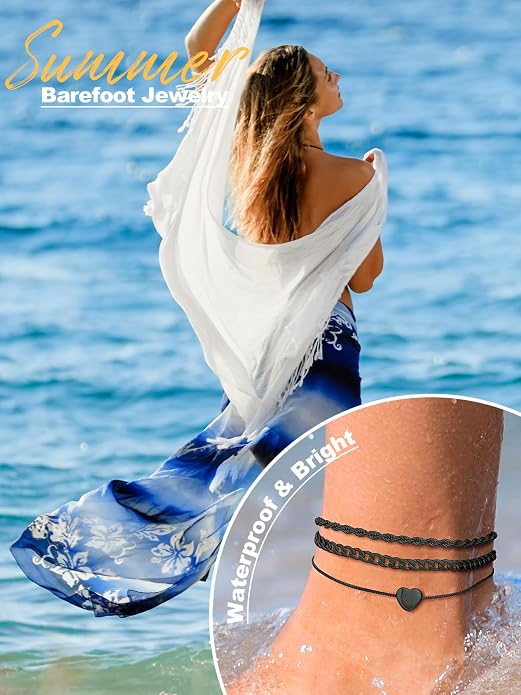 U7 2Pcs/3Pcs Ankle Bracelets for Women, Stainless Steel Cuban Link/Figaro/Rope/Heart Chain Anklets Sets,Waterproof Layered Anklets Adjustable 8.5"-10.5"