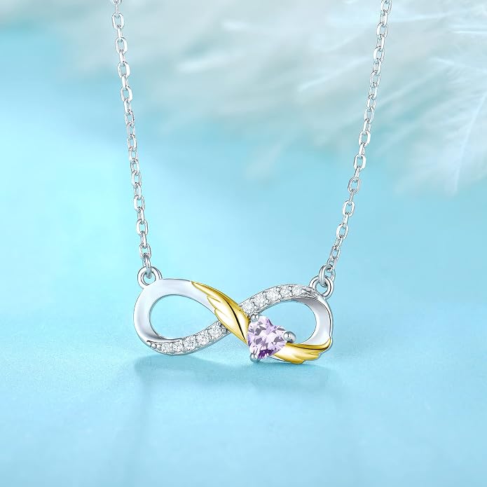STARCHENIE Infinity Necklace 925 Sterling Silver Angel Wings Heart Birthstone Necklace for Women