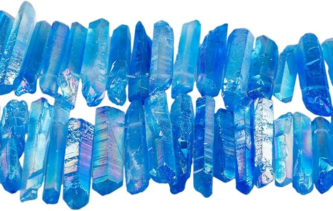 TUMBEELLUWA Rock Quartz Crystal Points Loose Beads for Jewelry Making, Titanium Coated Polished/Raw Quartz Beads 15 Inches Top Drilled,Blue Crystal Points(0.5"-1.6")